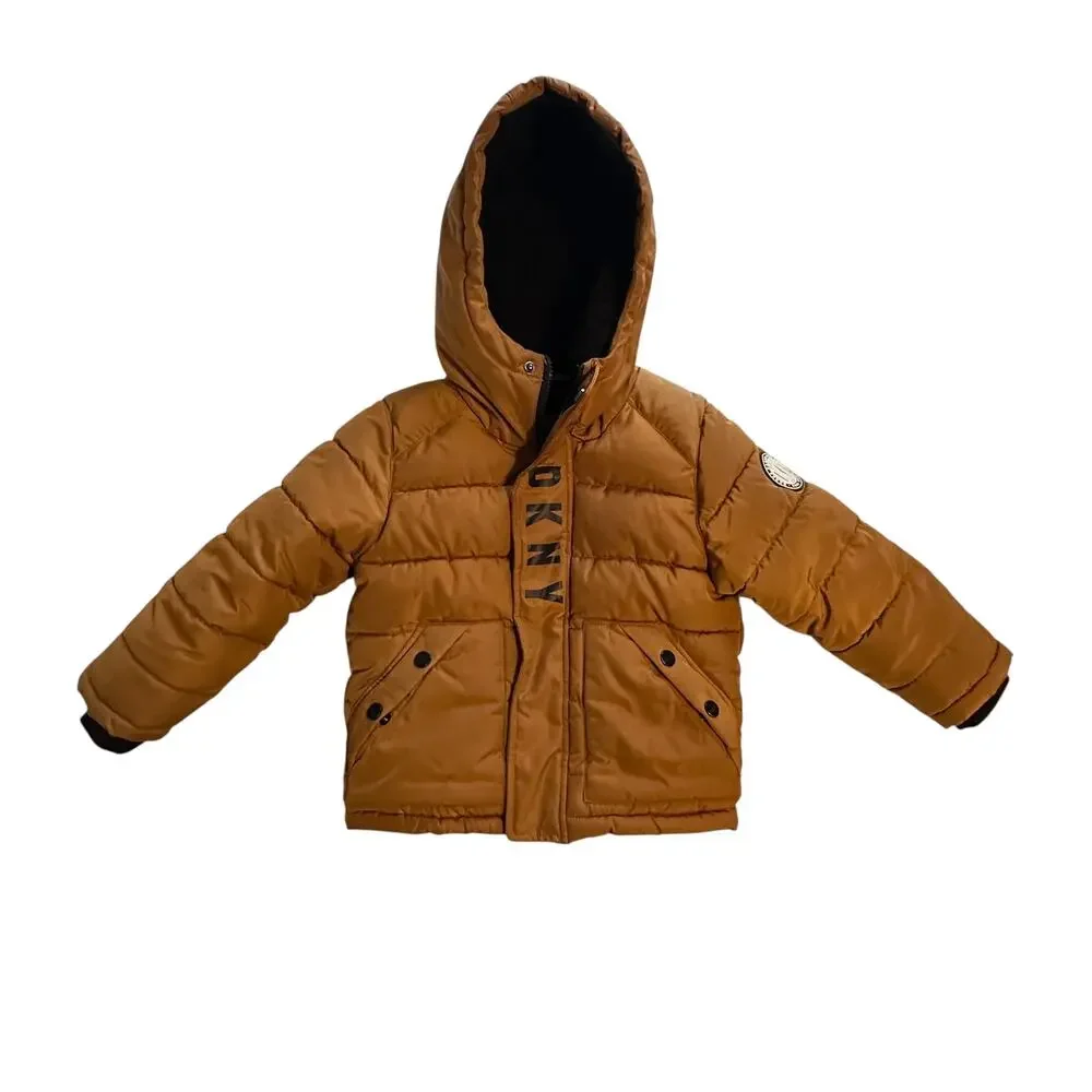 DKNY Puffer Coat Boys Size 4 Mustard Brown Hooded Quilted Outdoor Winter Gorp